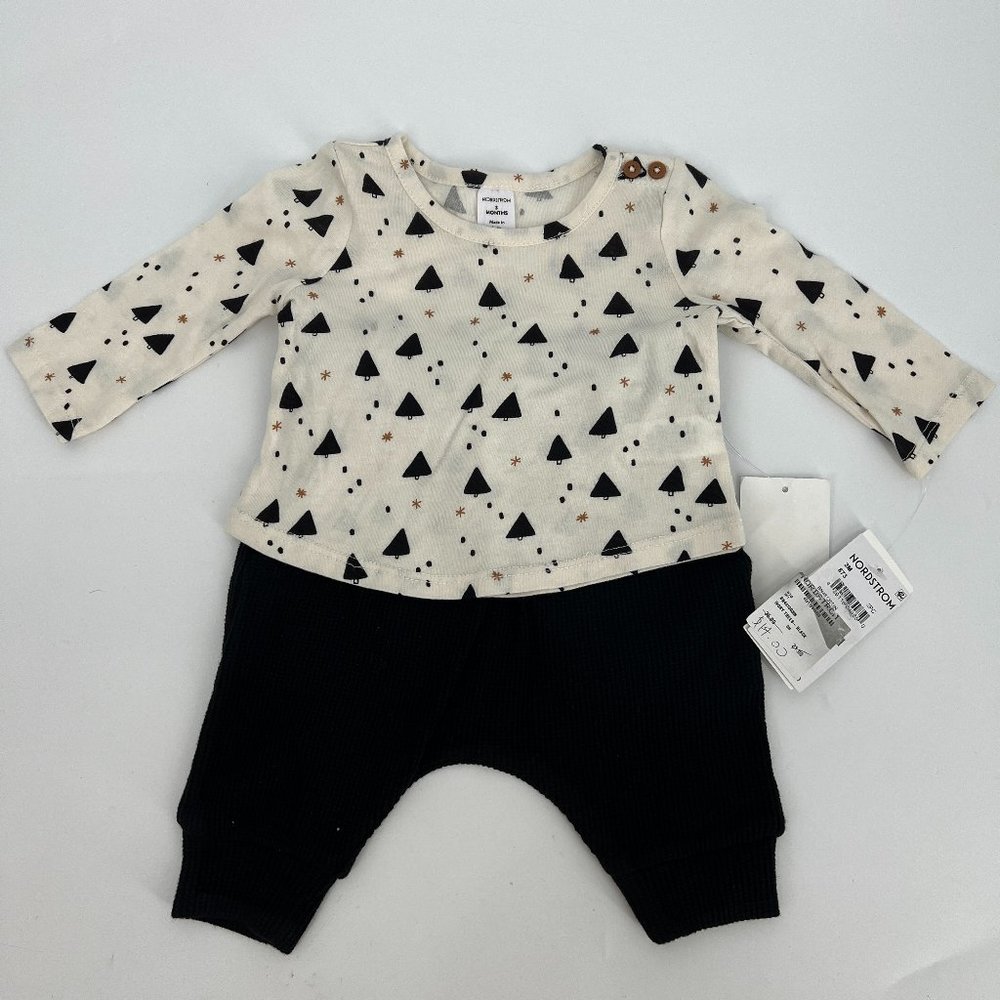 Nordstrom Babies Trees 2-Piece L/S T-Shirt and Pants Set Ivory and Black 3M NWT